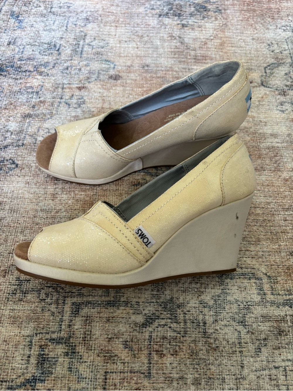 TOMS Women's Cream Glitter Peep-Toe Wedge Shoes